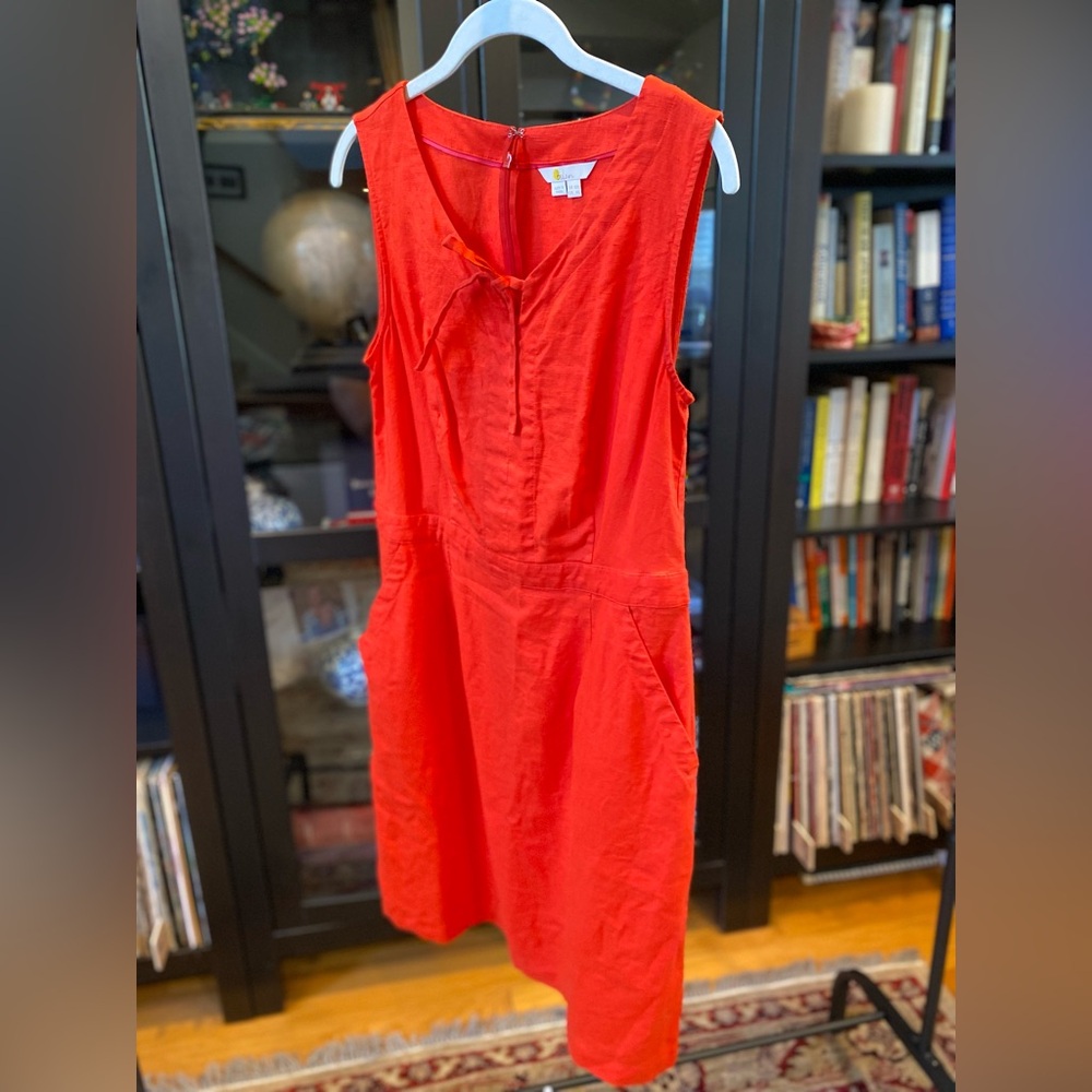 Boden Linen Dress, Pockets, Bright Orange/Tangerine, Size 6L